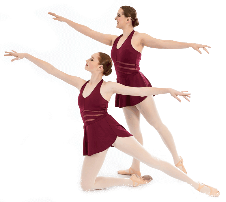 Two dancers in maroon streak a pose, one is standing while the other is on the ground